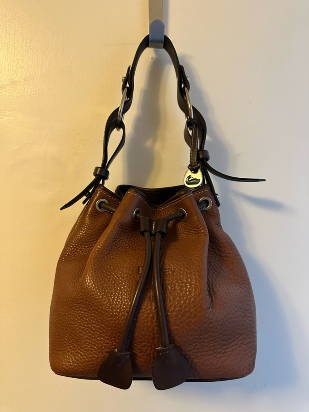 Dooney & Bourke Brown Leather Drawstring Shoulder Bag with Dark Brown Trim - Picture 5 of 16
